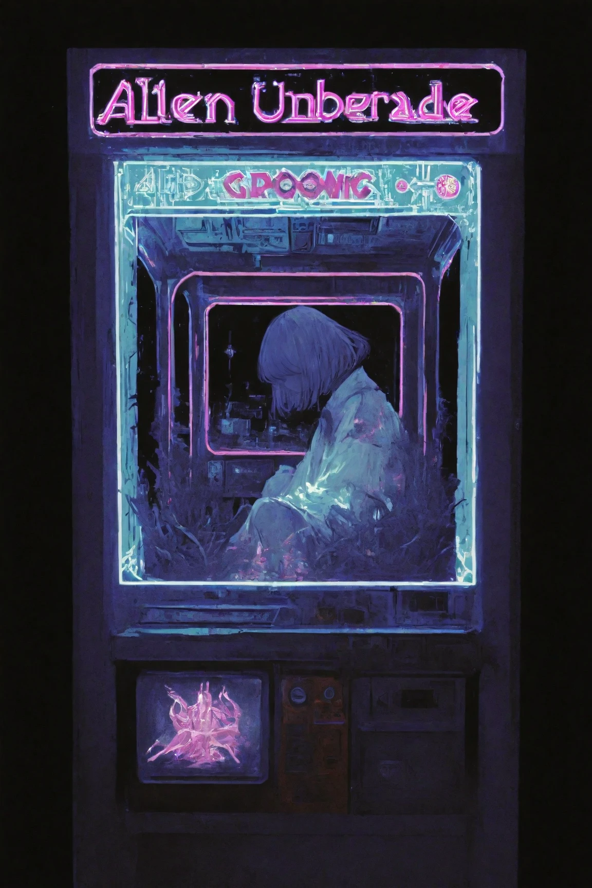 A foreboding dark lo-fi art scene painted on a black background: a young woman sits in a dimly lit underground arcade, facing the large display of a game cabinet. The screen shows alien imagery, creating a dark, atmospheric composition. Neon lights illuminate the space, evoking a nightmarish yet nostalgic mood with a subtle grainy texture. Inspired by Tristan Eaton’s cosmic and anime Art Nouveau style, combined with Britney Lee’s aesthetic. The artwork employs a CMYK palette and detailed photography, making it suitable as an album cover or wallpaper reminiscent of Tristan Eaton’s works.