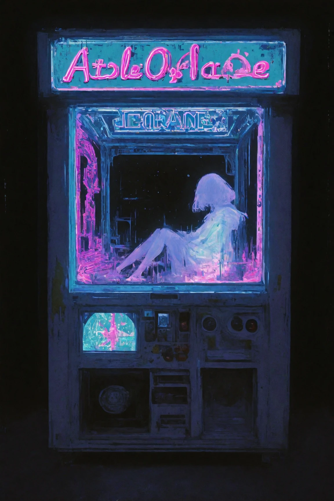 A foreboding dark lo-fi art scene painted on a black background: a young woman sits in a dimly lit underground arcade, facing the large display of a game cabinet. The screen shows alien imagery, creating a dark, atmospheric composition. Neon lights illuminate the space, evoking a nightmarish yet nostalgic mood with a subtle grainy texture. Inspired by Tristan Eaton’s cosmic and anime Art Nouveau style, combined with Britney Lee’s aesthetic. The artwork employs a CMYK palette and detailed photography, making it suitable as an album cover or wallpaper reminiscent of Tristan Eaton’s works.