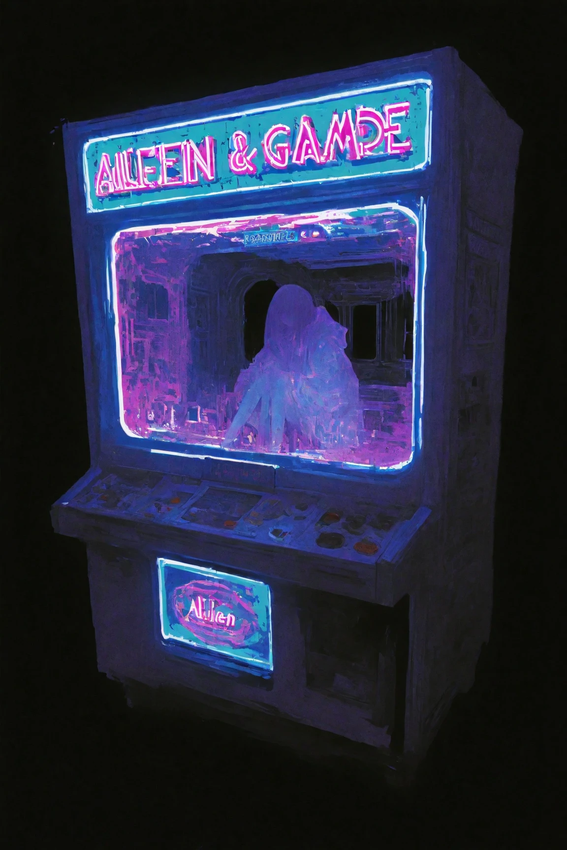 A foreboding dark lo-fi art scene painted on a black background: a young woman sits in a dimly lit underground arcade, facing the large display of a game cabinet. The screen shows alien imagery, creating a dark, atmospheric composition. Neon lights illuminate the space, evoking a nightmarish yet nostalgic mood with a subtle grainy texture. Inspired by Tristan Eaton’s cosmic and anime Art Nouveau style, combined with Britney Lee’s aesthetic. The artwork employs a CMYK palette and detailed photography, making it suitable as an album cover or wallpaper reminiscent of Tristan Eaton’s works.