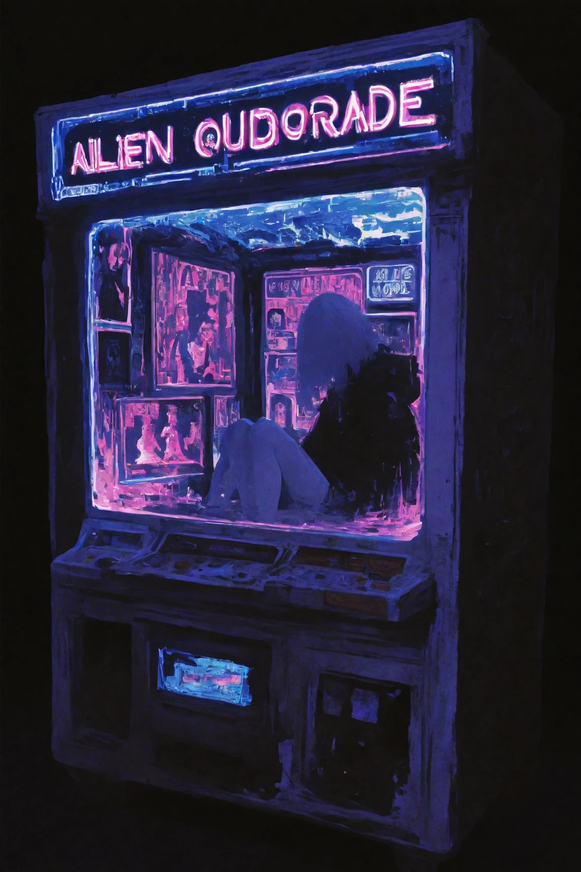 A foreboding dark lo-fi art scene painted on a black background: a young woman sits in a dimly lit underground arcade, facing the large display of a game cabinet. The screen shows alien imagery, creating a dark, atmospheric composition. Neon lights illuminate the space, evoking a nightmarish yet nostalgic mood with a subtle grainy texture. Inspired by Tristan Eaton’s cosmic and anime Art Nouveau style, combined with Britney Lee’s aesthetic. The artwork employs a CMYK palette and detailed photography, making it suitable as an album cover or wallpaper reminiscent of Tristan Eaton’s works.