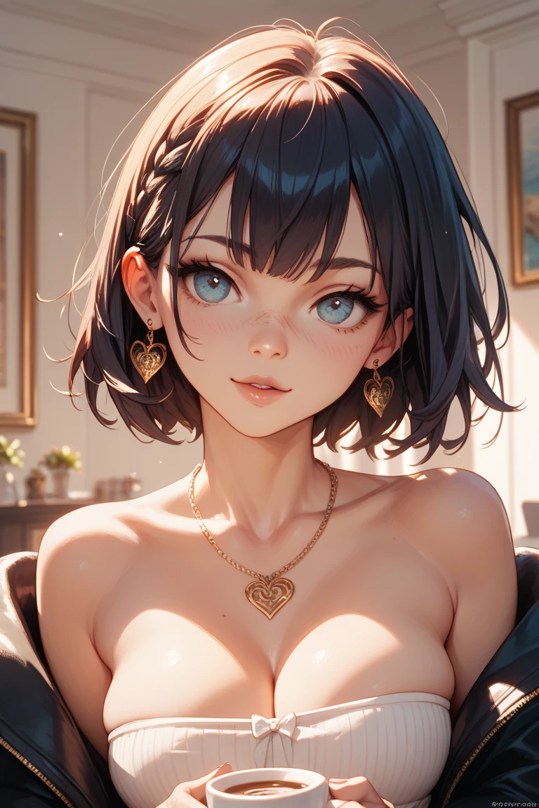 ((top-quality))、((a masterpiece of))、((ultra-definition))、(illustratio)、(Fine light)、(Extremely delicate and beautiful)、(((独奏)))、1 girl in、(((beautiful a girl)))、mideum breasts,blue eyess,(Black cat ears), (Ahoge), shorth hair, (Maeby Hair),bathrobe、