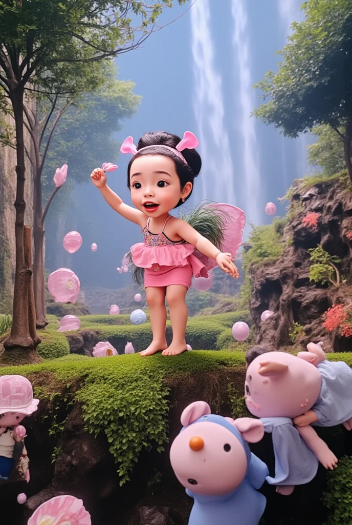 Character setting diagram;1 dancing little girl, Girl standing on the Chinese eaves(ridge)。Solitary,Wearing a cute pink dress,Happy expression,Playful;The character is on the right side of the frame,whole body;Light pink background,There are many transparent bubbles in the picture,Big bubbles;Pure background(The background is a solid color); Depth of Field, Extraordinary details, masterpiece, high quality, 4K,Leave white space in the center of the screen。lineup, reference sheet, character chart, move chart, outside border。