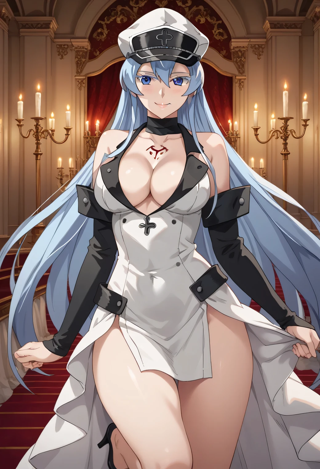 1 mulher, mulher linda, ((cabelos brancos, cabelos pratrados, olhos azuis)), peitos medios, apalpando os peitos, sorriso sexy, maid dress short, corpo inteiro, standing on her feet, (alta qualidade, 8k, obra prima, qualidade ultra, extremamente detalhado, bem colorido, no blurries, foco absoluto, impeccable quality),
