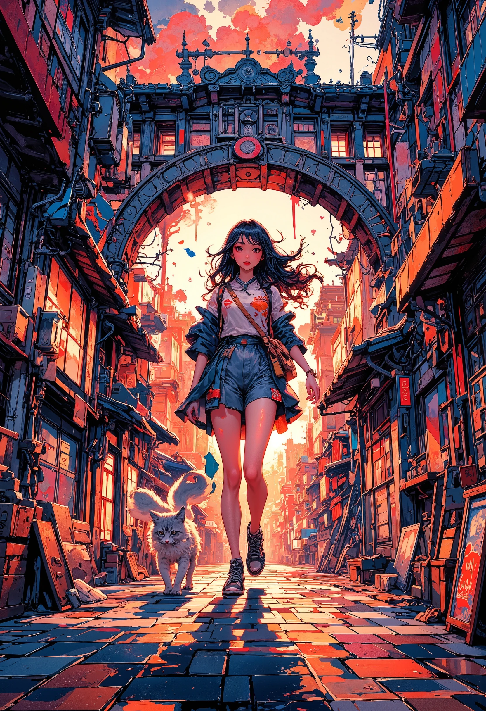 A girl with dark hair walks with her long-haired  cat through the streets of Shibuya, the dynamics of walking, beautiful details, beautiful hair fluttering in the wind, a delicate blush, against the background of a narrow old street, arches, bridges, roofs, windows and doors, a beautiful sunset sky, "golden hour",the contour light highlights the silhouette of a girl, Shines through strands of flying hair, digital art, graphic illustration, high stylization, sum-E. ink, splashes, spots, lines and strokes, the breath of time