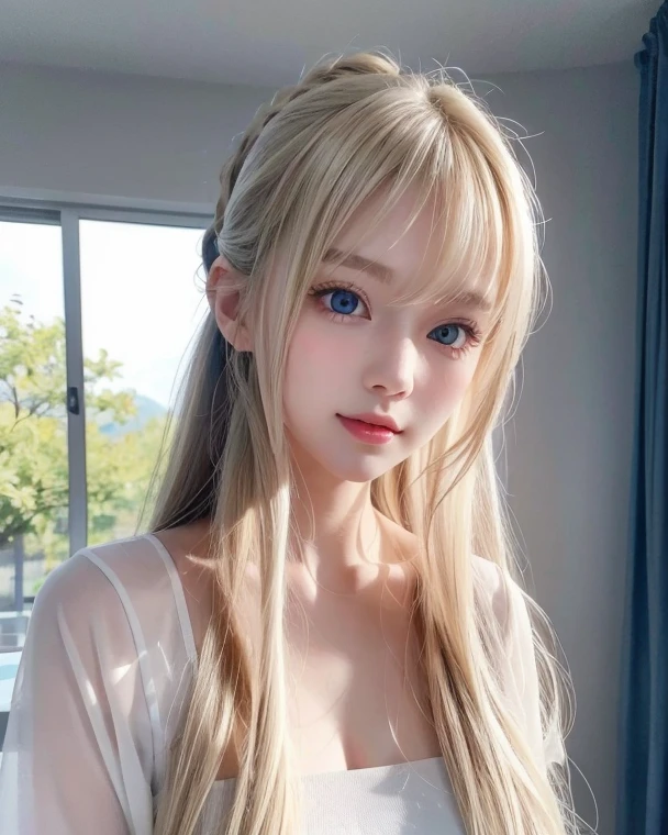 Portrait、、Bright expression、Young, lustrous, glowing, white skin、The best beauty、Blonde reflection、piper peri , Platinum blonde hair with dazzling highlights、Shiny and shiny hair,、Super long silky straight hair、Shiny beautiful bangs、Big, bright, light blue eyes that shine beautifully、Very big eyes、Very beautiful nice cute 15 year old beautiful girl、Ample Bust、The skin is delicate,Head up,Giant Mouth,look at me,((full throat),((breathe)),(Throat),Sweat,Interrupt),the dress is dripping,super low neck dress,No underwear,Pantyless,Water spray、bangs over eyes、片bangs over eyes、Bangs between the eyes、Small Face Beauty、Cheek gloss highlighter、Small Face Beauty、Round face