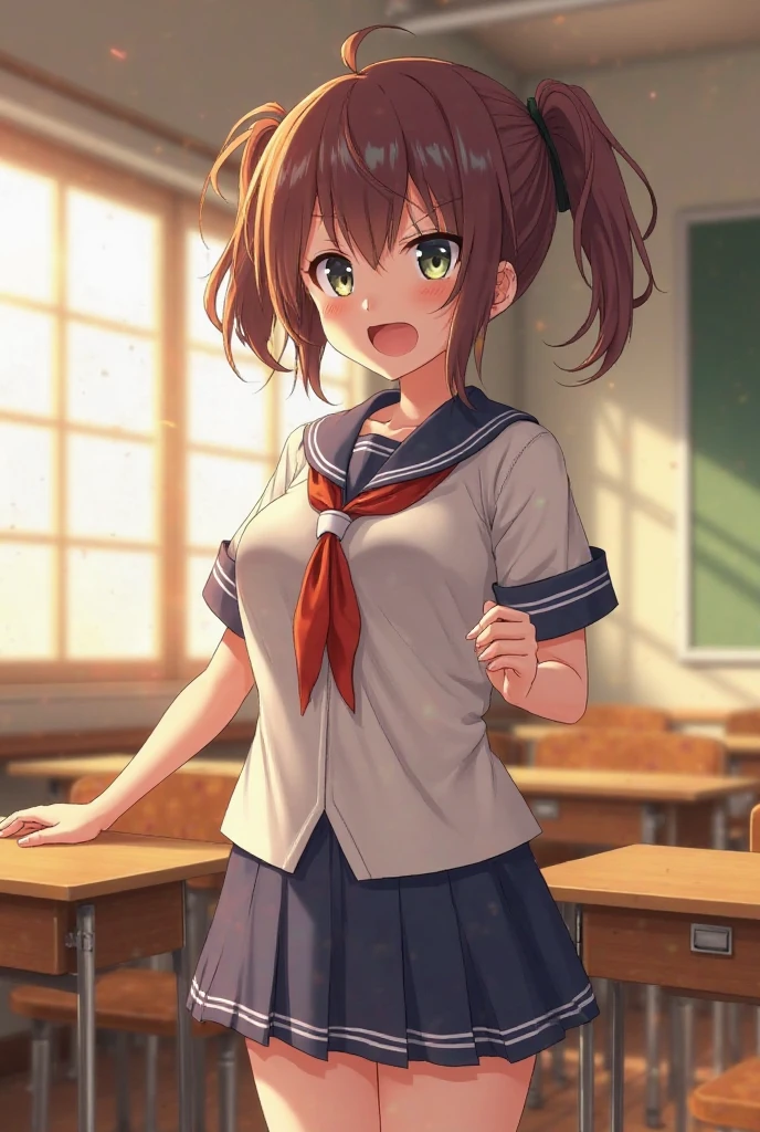 score_9, score_8_up, score_7_up, source_anime, 1girl,
classroom,happy, <lora:amano_megumi_pony_ver1:0.8> amano_megumi, green eyes, bright pupils, white pupils, brown hair, low twintails, school uniform, bowtie, collared shirt, short sleeves, pleated skirt, blue skirt,