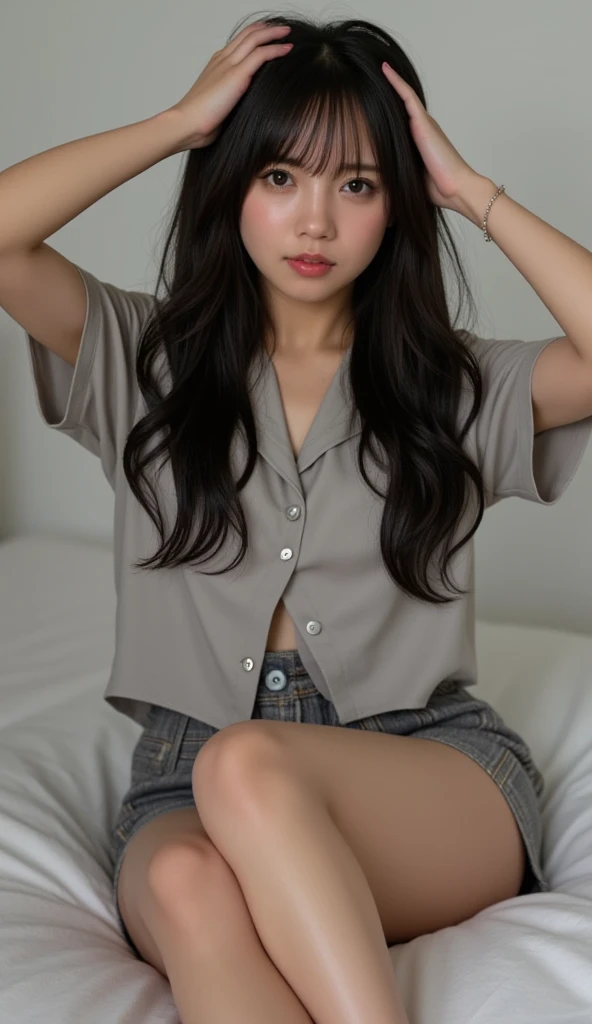 (best quality,realistic,ultra-detailed),a two sexy and slim 18-year-old French brunette woman in white checkered shirt, visible legs, sur un lit