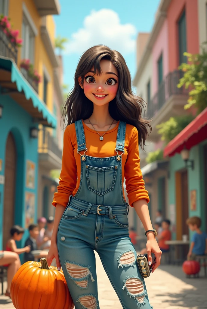 3D character from Disney animation, Pixar style, full body, smiling, brown eyes with beautiful eyelashes, the glamorous one, shoulder-length straight black hair, denim clothes, jacket, black tennis shoes, clean bottom. cinematic lighting, ray tracing, high details, 3D rendering with hands on waist and holding a credit card