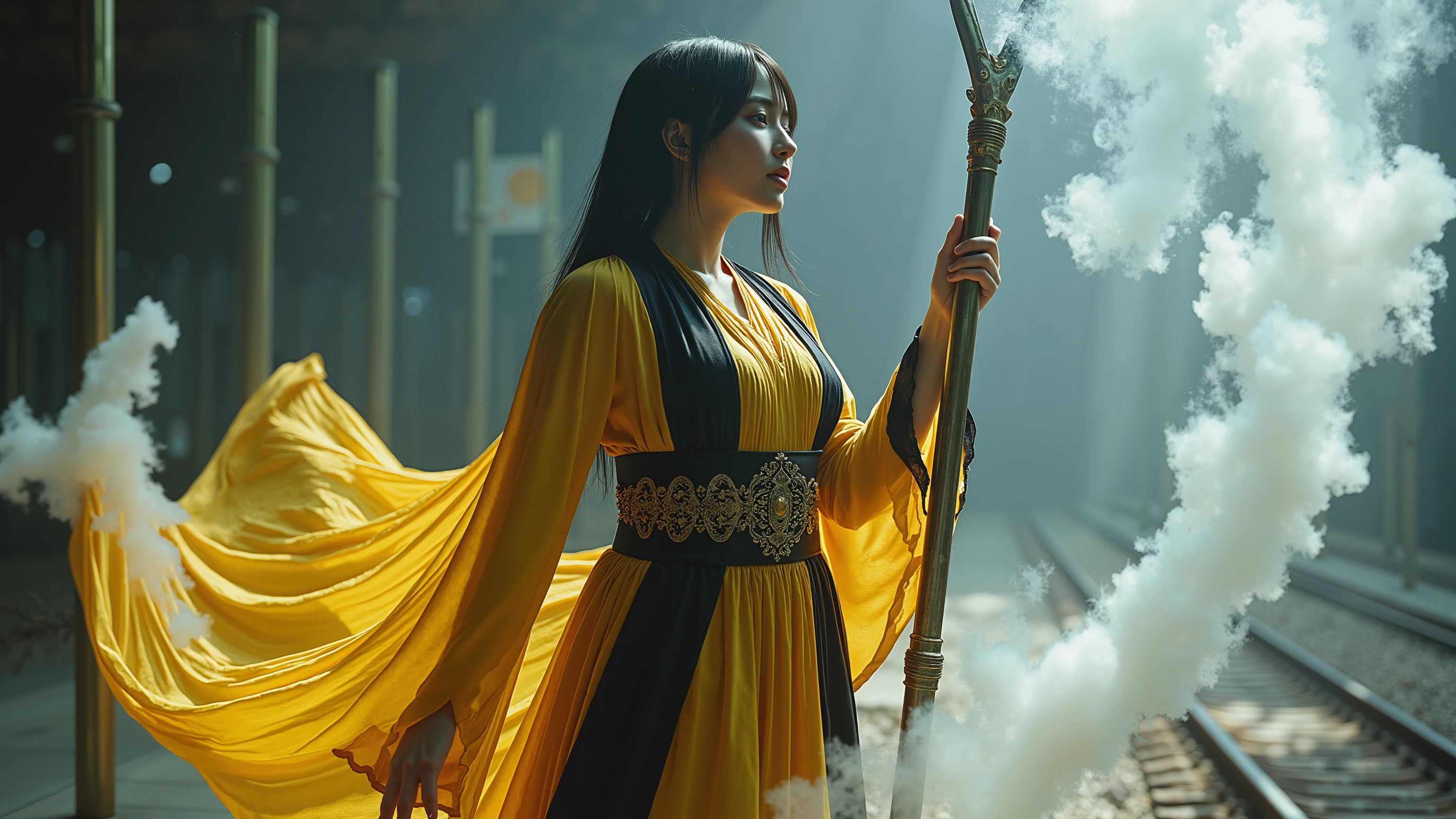 (masterpiece, photorealistic:1.4, extremely complex:1.3), (photon mapping, radiosity, painting with transcendental techniques, ultra resolution, hyperrealistic, photorealistic:1.4, hyperrealistic, 8k), (((shiny black hair, plump sylph, big on the floor, wide waist))) yellow black magician, Train Staff , The power of white air