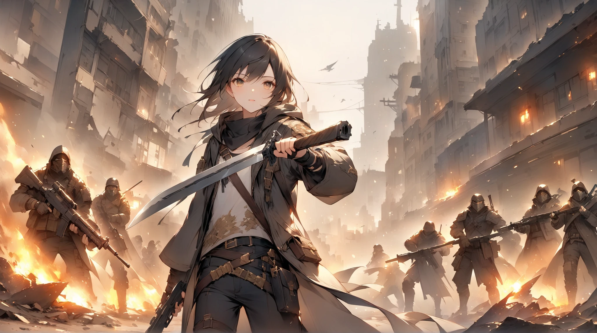 fantasy around the eyes。Hero with Sword。enemy。Cooperate with peers。city。fight。Focus on the face。wasteland。war。gun. Gold