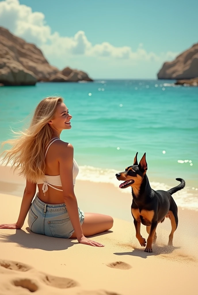 a 50 year old white woman, model type with very short black pixie hair, clean eyes, light dress, sitting on the beach in the Algarve with a Yorkie terrier licking her face