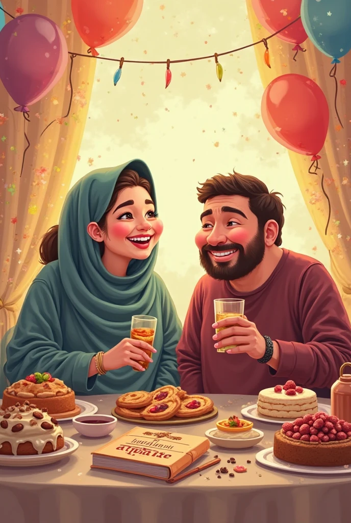 Lovely couple cartoon with the guy hansome fat man and the girl use hijab celebrate their unniversary marriage