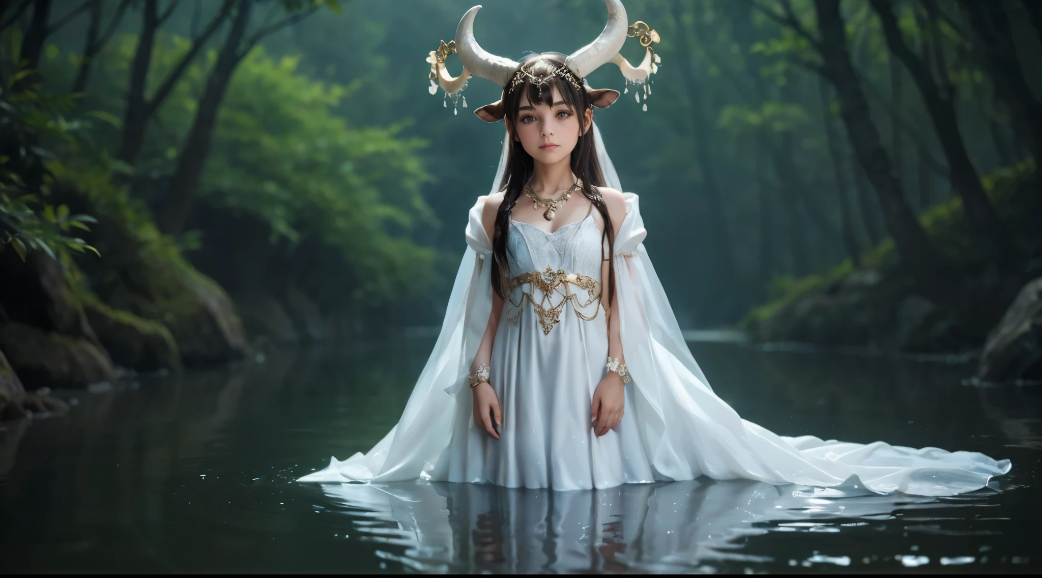 female, (:1.4), on water surface, white energy flowing into her, white draped dress, long hair, bull horns, ornamental filigree headpiece, (looking at viewer:1.4), goddess, dark background, mist, died forest,