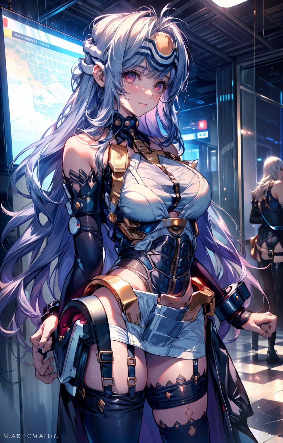 realistic image, detailed image, coherent image, 1 beautiful girl, she has very long hair, cream-colored hair. Her eyes are violet. Smiling expression. She is wearing a strapless top, plaid pleated mini skirt, She has a curvy body, small breasts and thick thighs, She is sitting on her knees, arching her back. view from below. futuristic atmosphere, surrounded by robots, surrounded by flowers. Soft focus, Dramatic shadows, Volumetric lighting, natural lighting,