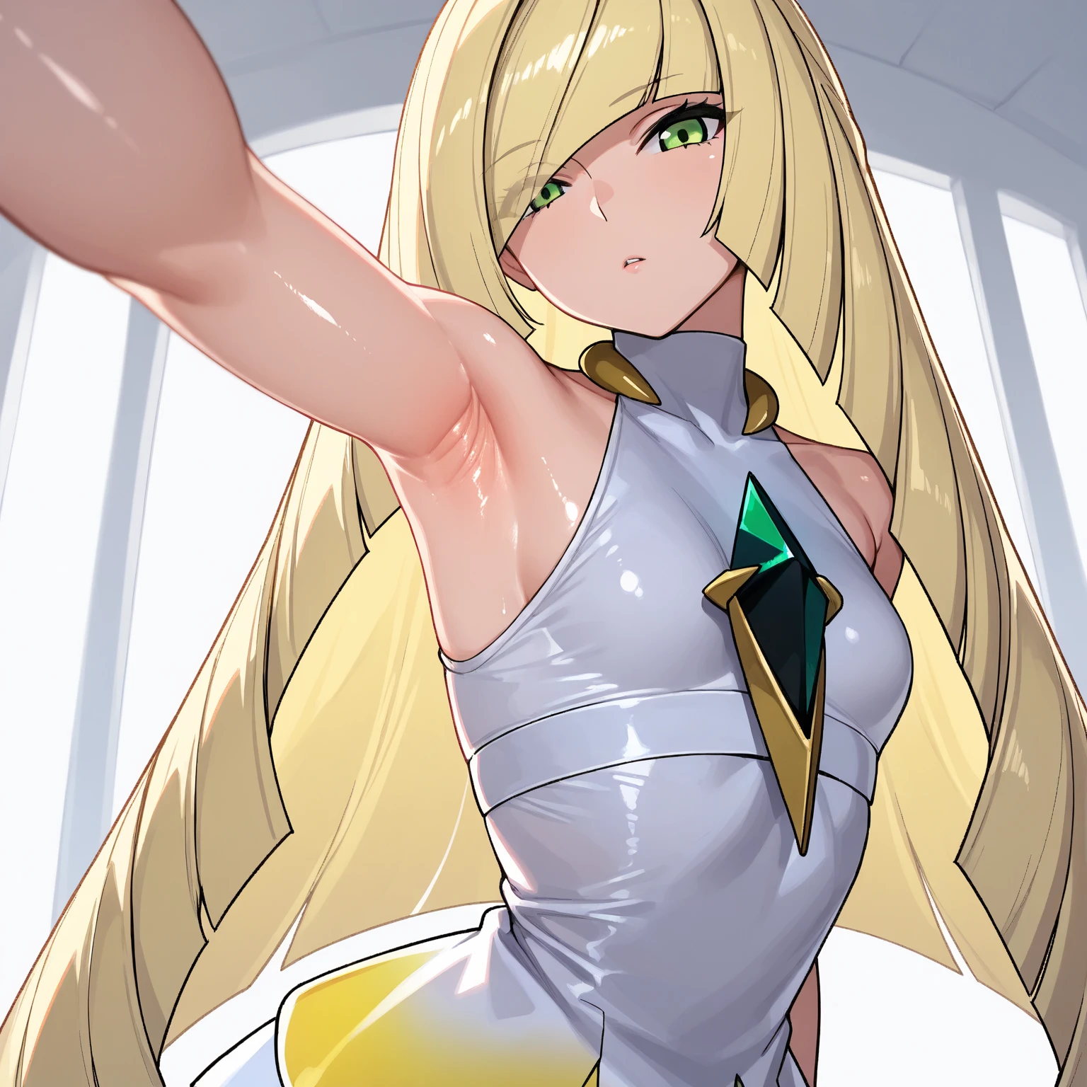 ((best quality)), ((highly detailed)), masterpiece, absurdres, (detailed eyes, deep eyes), (1girl), dynamic pose, upper body, Lusamine, blondde hair, very long hair, green eyes, medium breasts, (white dress), sleeveless dress, green gemstone, white leggings, high heels, white footwear, (indoors, on a stairway)