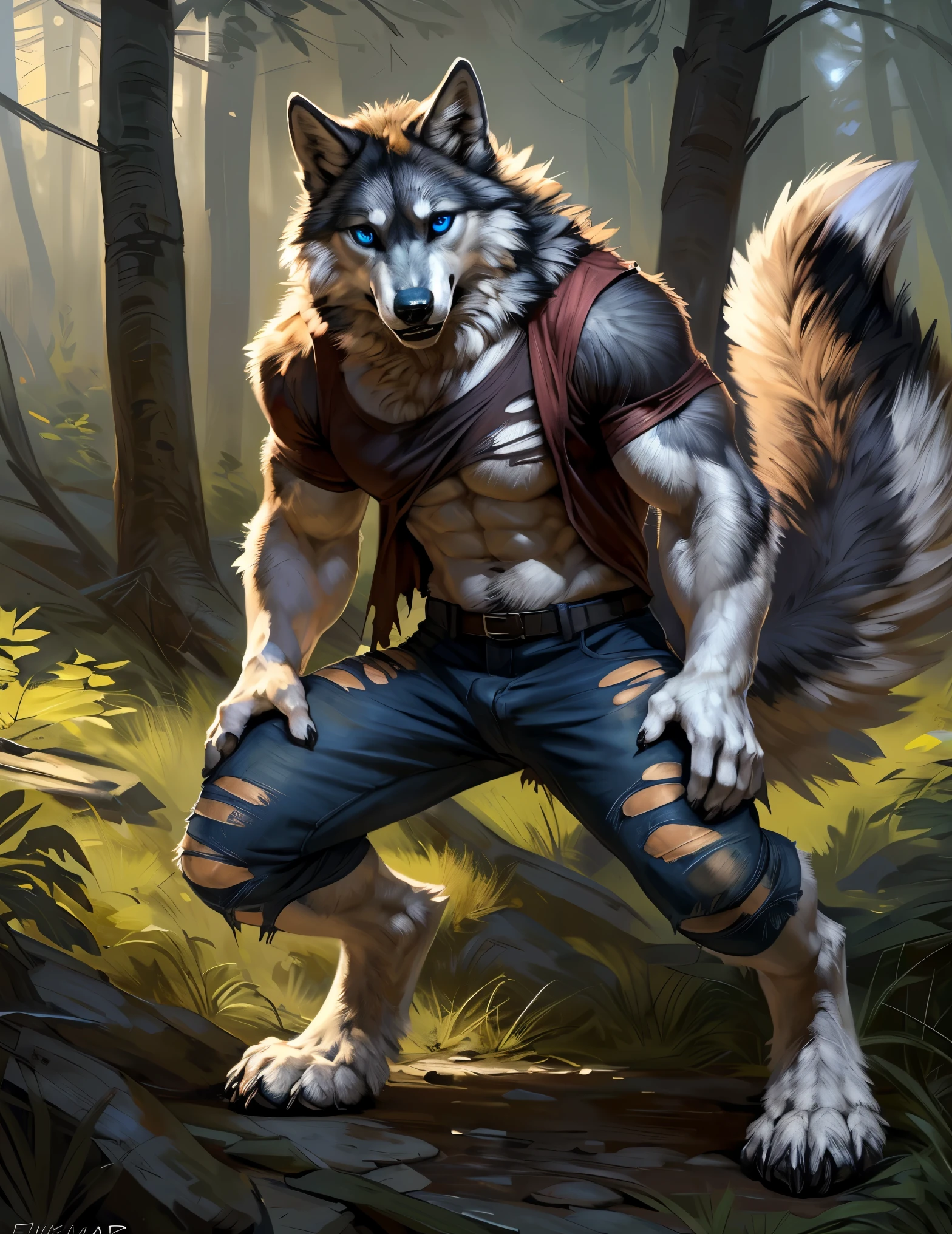close up, furry, anthro, giant werewolf,wolf ears,wolf tail, dark grey and white fur, messy fur, neck floof, yellow glowing eyes, razor sharp teeth, sabertooth, long sabertooth, muscular body, handsome, monstrous, posing in a forest, daytime, alone, wearing a white baggy tank top, black denim shorts, bulge, body covered in scars, pawpads, black pawpads, best quality, 4K, UHD, masterpiece,