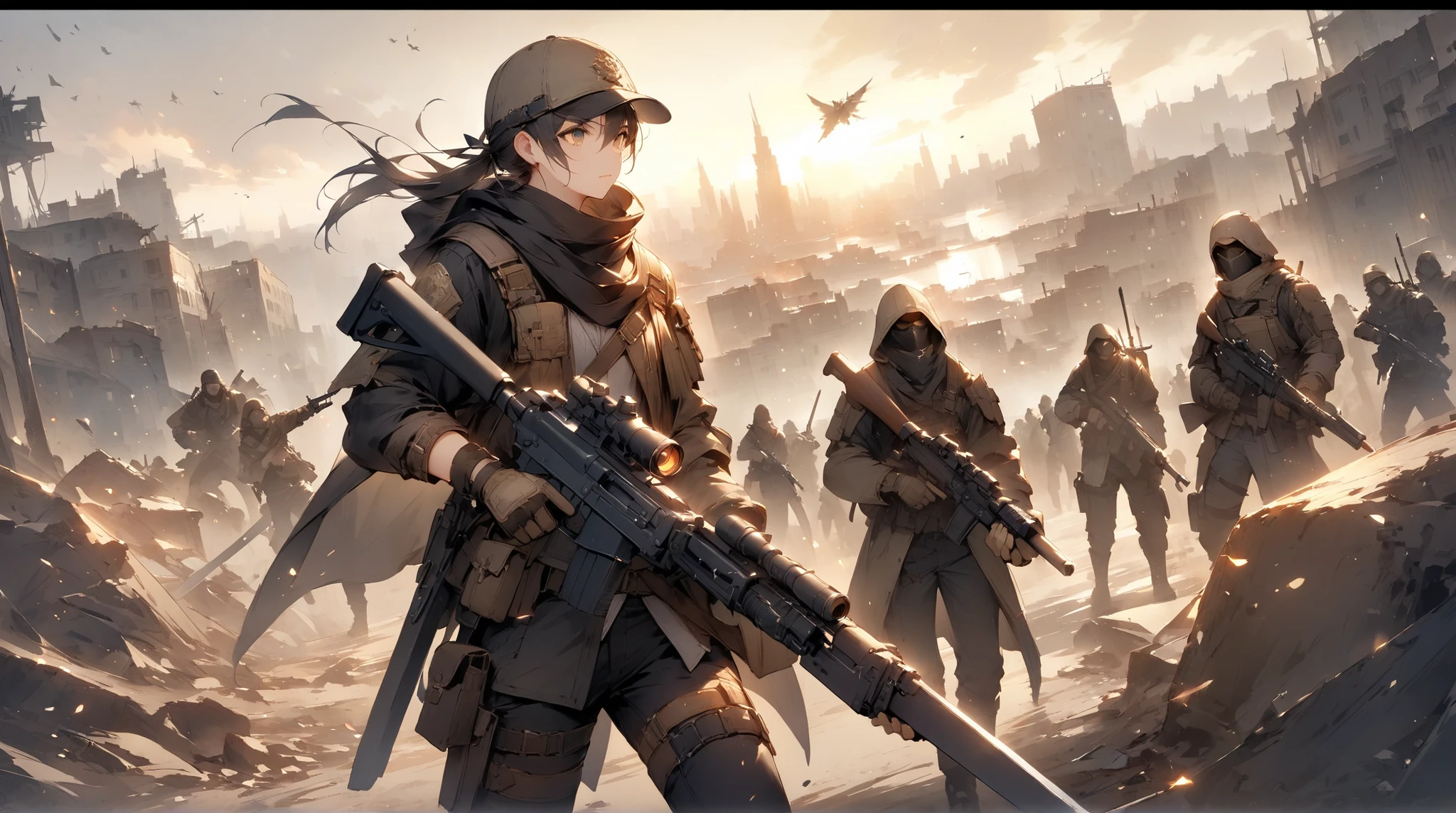 fantasy around the eyes。Hero with Sword。enemy。Cooperate with peers。city。fight。Focus on the face。wasteland。war。gun. Gold