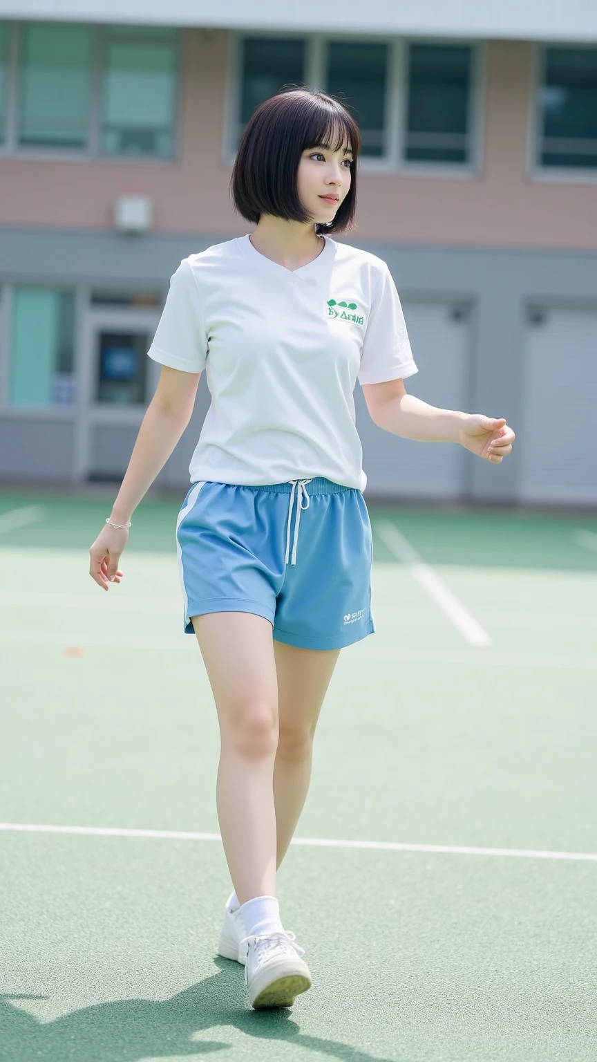 high-level image quality、8K、1 female、Solo Images、Beautuful Women、Volleyball Club、uniform、cute little、jpn、The whole body is shown、1 persons、Shortcut Hair、Gymnasium、dual、Breasts are big、sitting on、Buttocks are on the floor