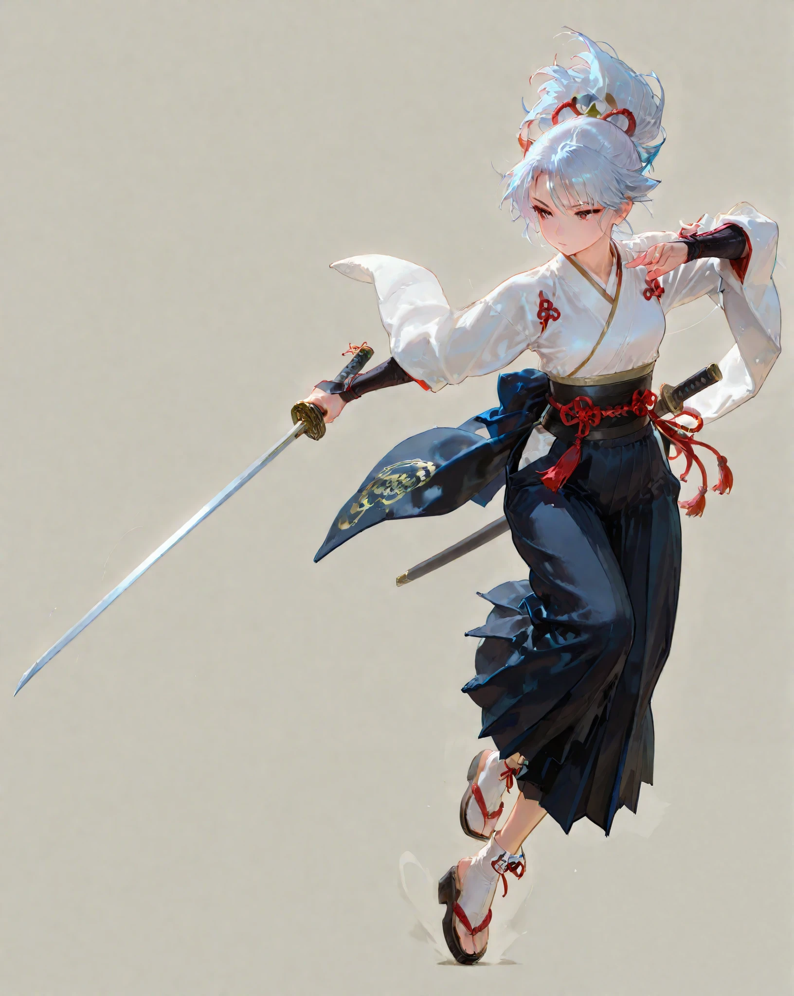 dynamic、great details、high image quality、full body、simple background、Japanese clothing、Long sword