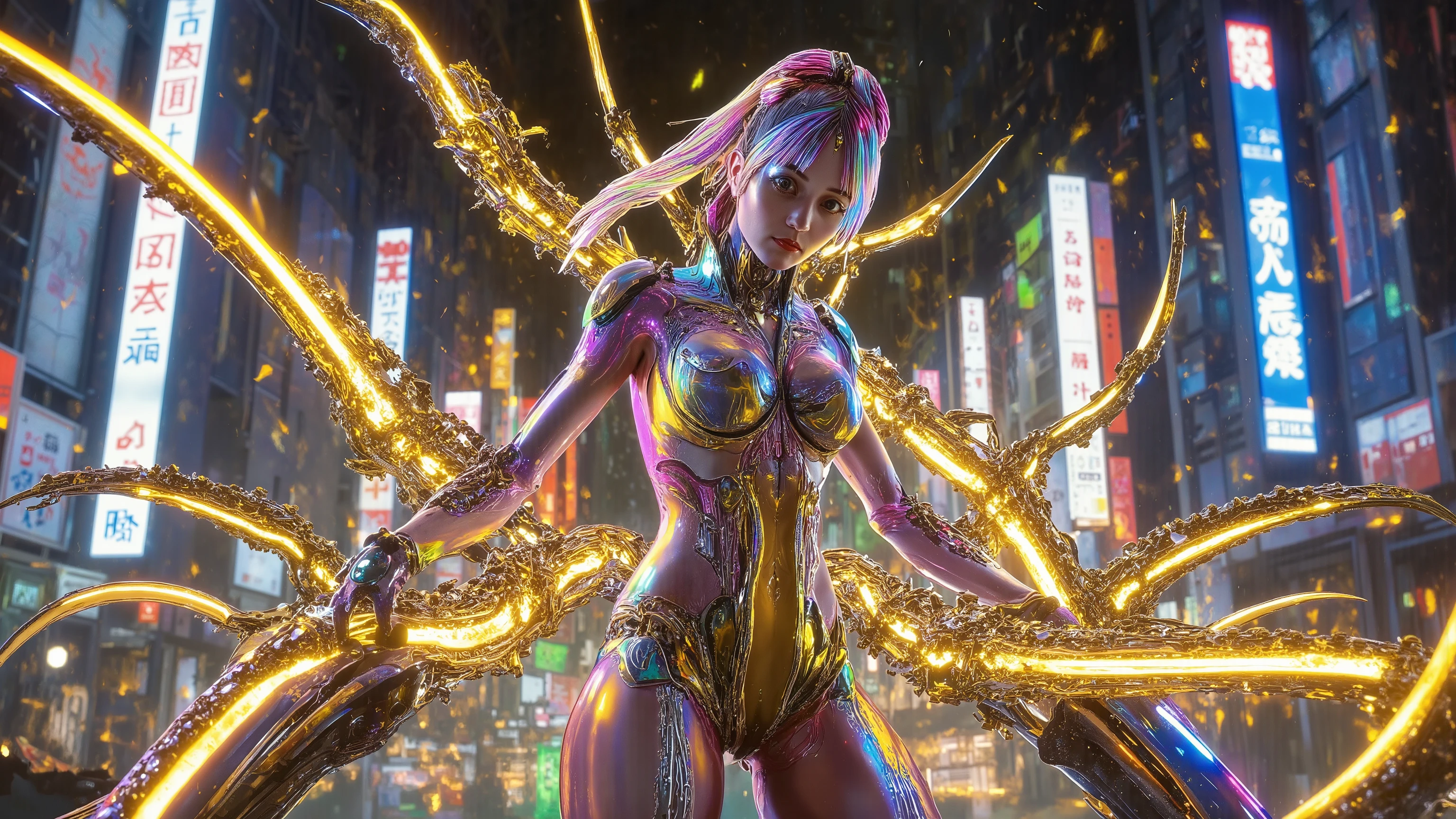 artistic concept,blank,rock color,Gold Leaf, colored particles , Color Curve ,Chen Jialing,glow in the dark, neon color ,((最high quality)), ((masterpiece)), ( details:1.4), ((( cyber with mechanical parts and clear skin Suit, rainbow color, aurora material, gray carbon material, cyberpunk beauties ))), (( opened my chest wide)), hip and thigh skin , ticker ( High Dynamic Range ), ray tracing, NVIDIA, super resolution, subsurface scattering PBR texture, post-processing, High Dynamic Range , for thin string underwear , surface shading, accurate simulation of light/Material interactions, Completely-Blowed , two-tone lighting, Open aperture, Low ISO, white balance on the lunar surface , 8k, require viewers' attention, ((( tall woman))), 25 year old woman with extended breasts, Bright LEDs, Knee-length, bulge, open stance, hip and thigh skin , beautiful body, belly button visible from bare skin , Big Breasts, (( Glowing LED )), ( Big Breasts: 1.0), dazzling cyberpunk cityscapes , Skyscraper, neon signs, LED Light, Bright and vivid color scheme, Bright and vivid color scheme, surprised expression , short bang , (((beautiful, shiny rainbow hair straight medium ponytail ))), anatomically accurate arms and fingers, 7 tone ,Golden Line ,Shine,Revea ,Self-illumination, flowing lines , master composition , super dreamy colors ,colorful lights and shadows, Extreme details ,finely engraved ,8k, high resolution, high quality