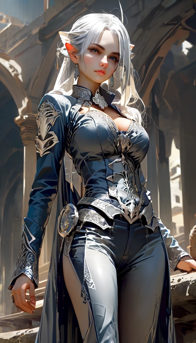 Strong female warrior with lean muscular build, ice blue eyes with gold flecks in them, long wavy silver hair with natural blue streaks, medium tan skin tone and elaborate tribal scars and tattoos on the body, long, flowing black leather coat with a high collar, fitted, black long-sleeved tunic which is cinched at the waist with a wide belt, black leather fingerless gauntlets, black slim fitting leather pants, black sturdy boots.