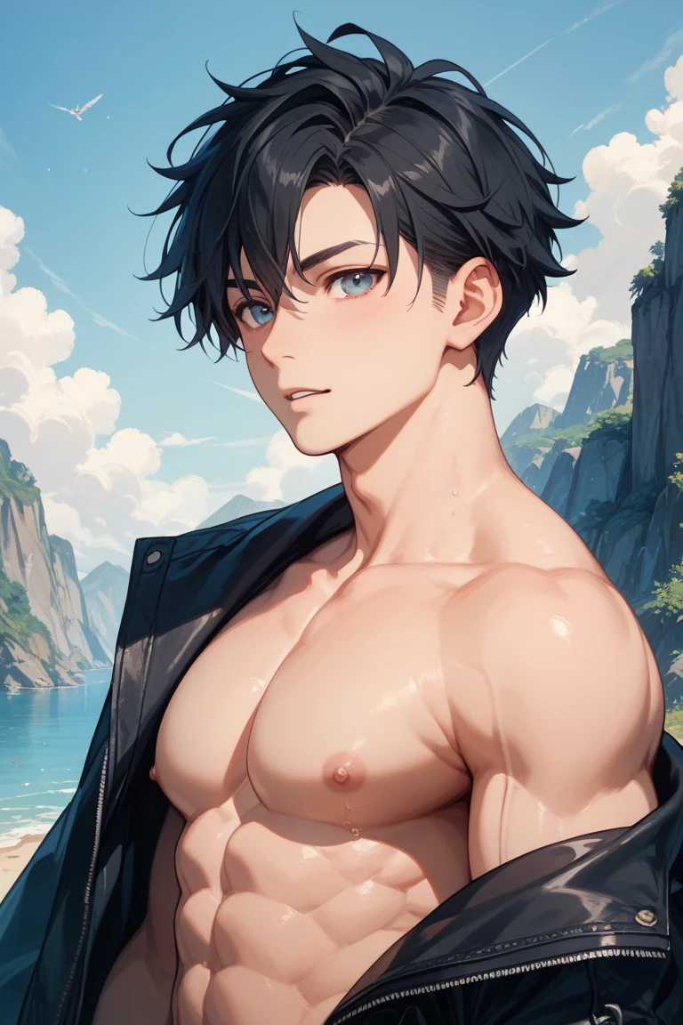(absurdres, highres, ultra detailed), 1 male, (28 years old male) (short pointed ears) adult, handsome, tall slender guy, narrow eyes, narrow shoulders, finely detailed eyes and detailed face, messy shaggy black hair, shaggy hair, side bangs, bangs, green eyes, sexy, shirtless, bare chest, final fantasy 14, slave collar, full body shot, defiant pose expression, cinematic, desert bokeh, background blur