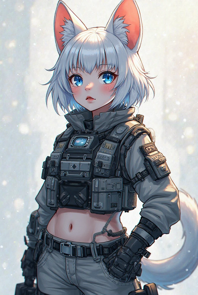 In a realistic 3DCG style、Please draw a 25 year old woman with average facial features of a Japanese female idol.。She has cat ears and long silver hair tied in a ponytail.、She is wearing a white V-neck T-shirt and skirt。The view is from a bottom angle、Please set it so that your whole body is visible.。She stands strong and dignified.、In the background is a tank equipped with a large, realistic main gun.、The tank had『res』It is written that。Please realistically express the scene that highlights the character's determination and presence.。