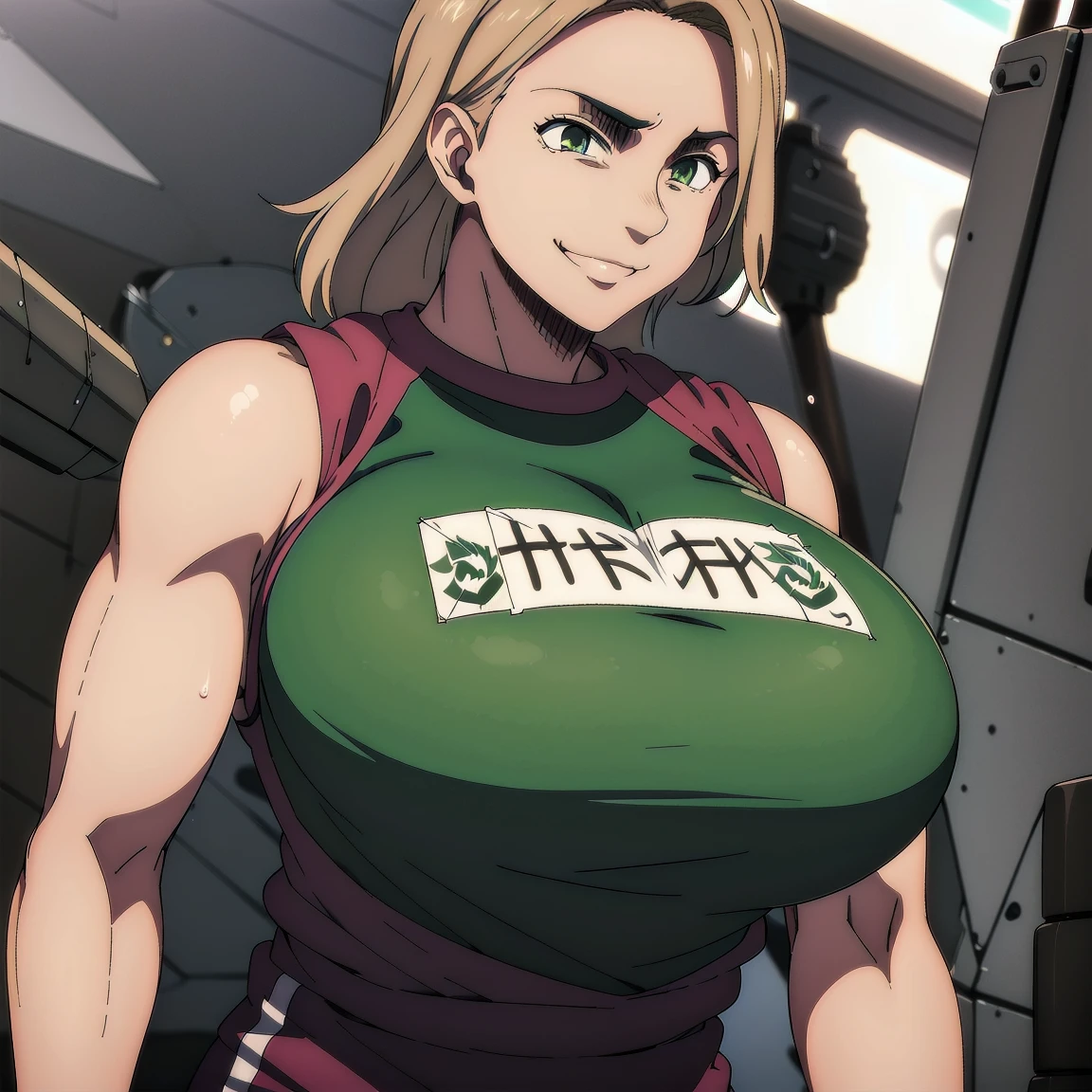 (1 girl muscular) green eyes large breasts pale skin angry face gym suit thick