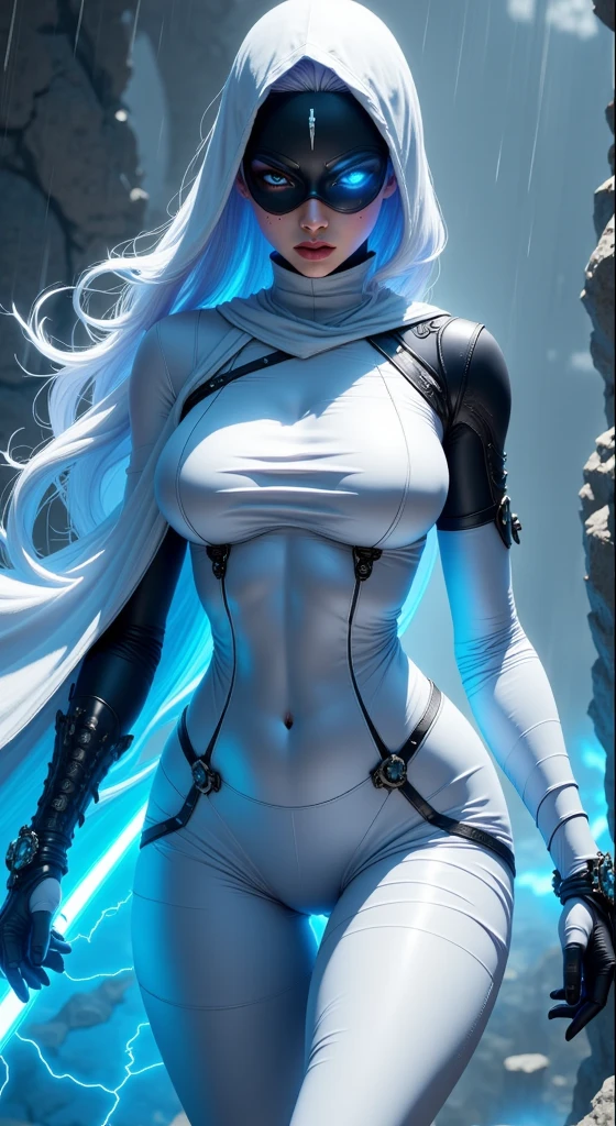 (Masterpiece, 4k resolution, ultra-realistic, very detailed) a superheroine, has ice powers, white hair ponytail, back midriff with blue outlines and a snowflake symbol on her right, has black gloves with fur on her the wrist part, wears black tight pants, with a blue belt, blue lines on the knee portrait photography by artgerm, in the style of realism, glistening skin, cartooncore, mangacore, natural lighting, Defined full lips. fitness feminine body