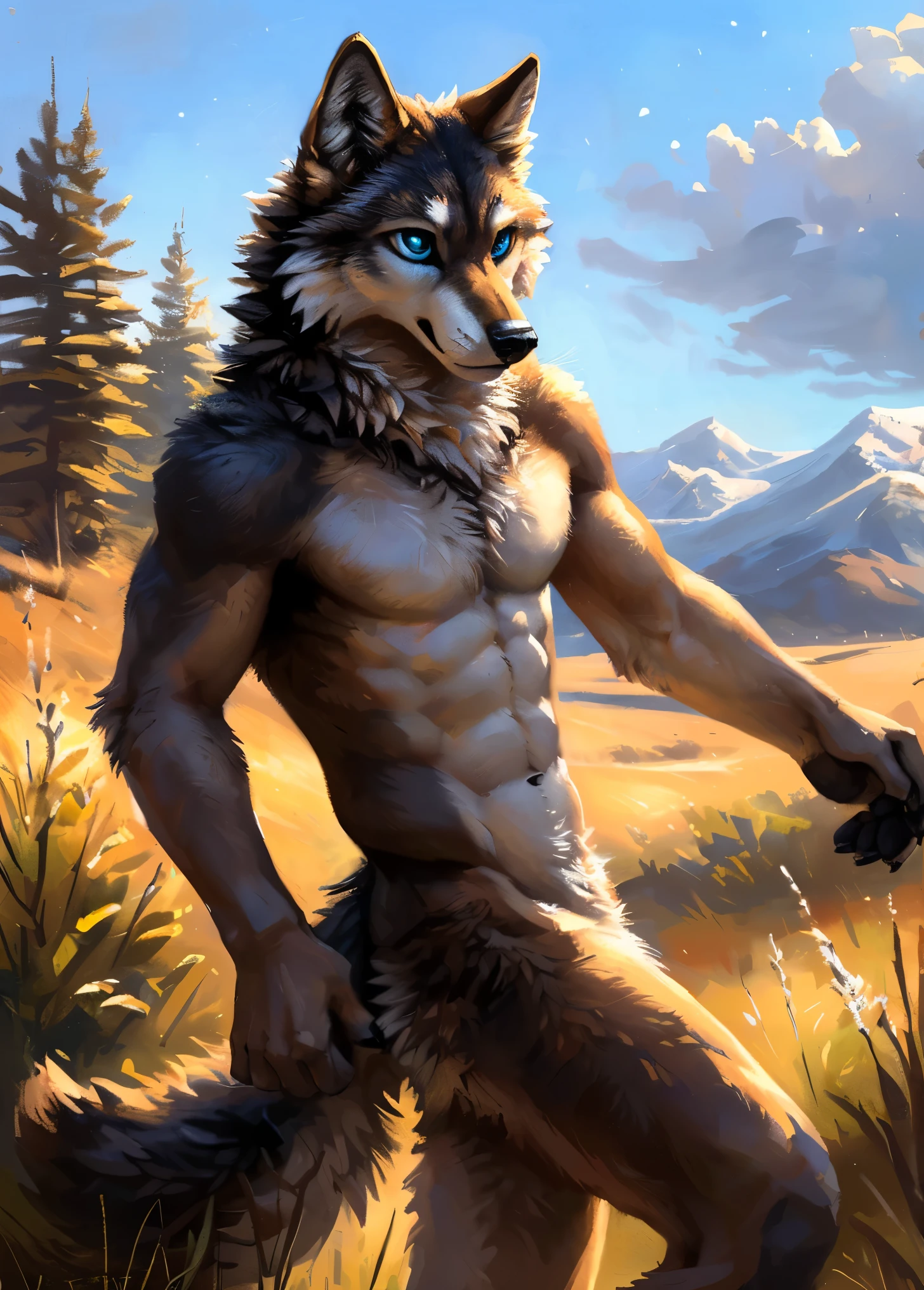 ((Solo)), male people, anthro wolf, (Multi-colored fur, White-brown:1.3,White tail pointed), (Height 2.1m,Tail length 1.5m), ((Wolf face, Big eyes, White eyelids, Blue pupil, Slim:1.2) (Tough, Calm expression:1.2)), Abs, Slim, pinging)), (Correct anatomy), Naked all over the body,A long big tail,Feet,(Realistic fur, Detailed fur texture, labeled:1.3)), (Natural lighting), Photorealistic, Hyperrealistic, ultradetailed, by Kenket,Field,No artifacts