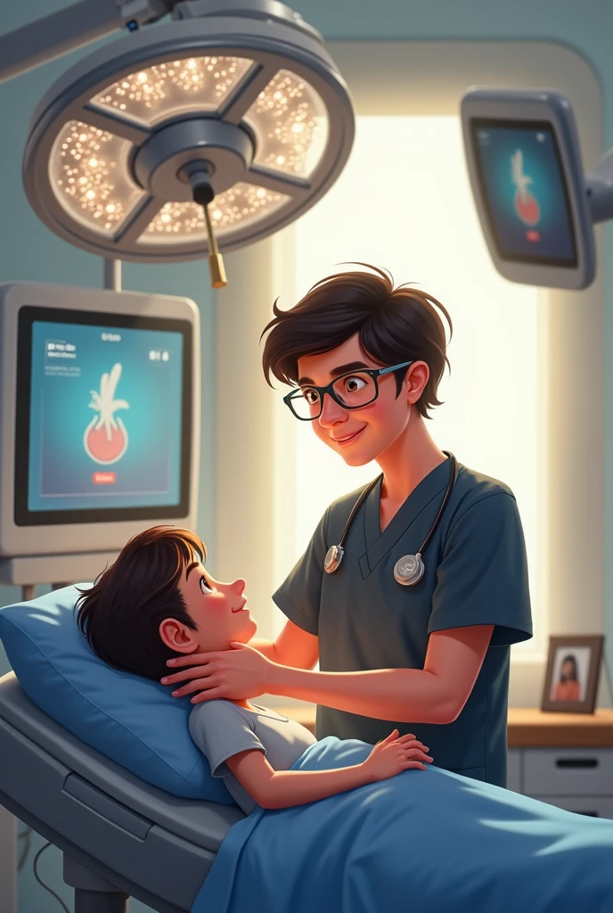 A handsome boy sitting on design chair wearing spectacles looking to patient, patient sleeping at bed.wearing apron with background Medical