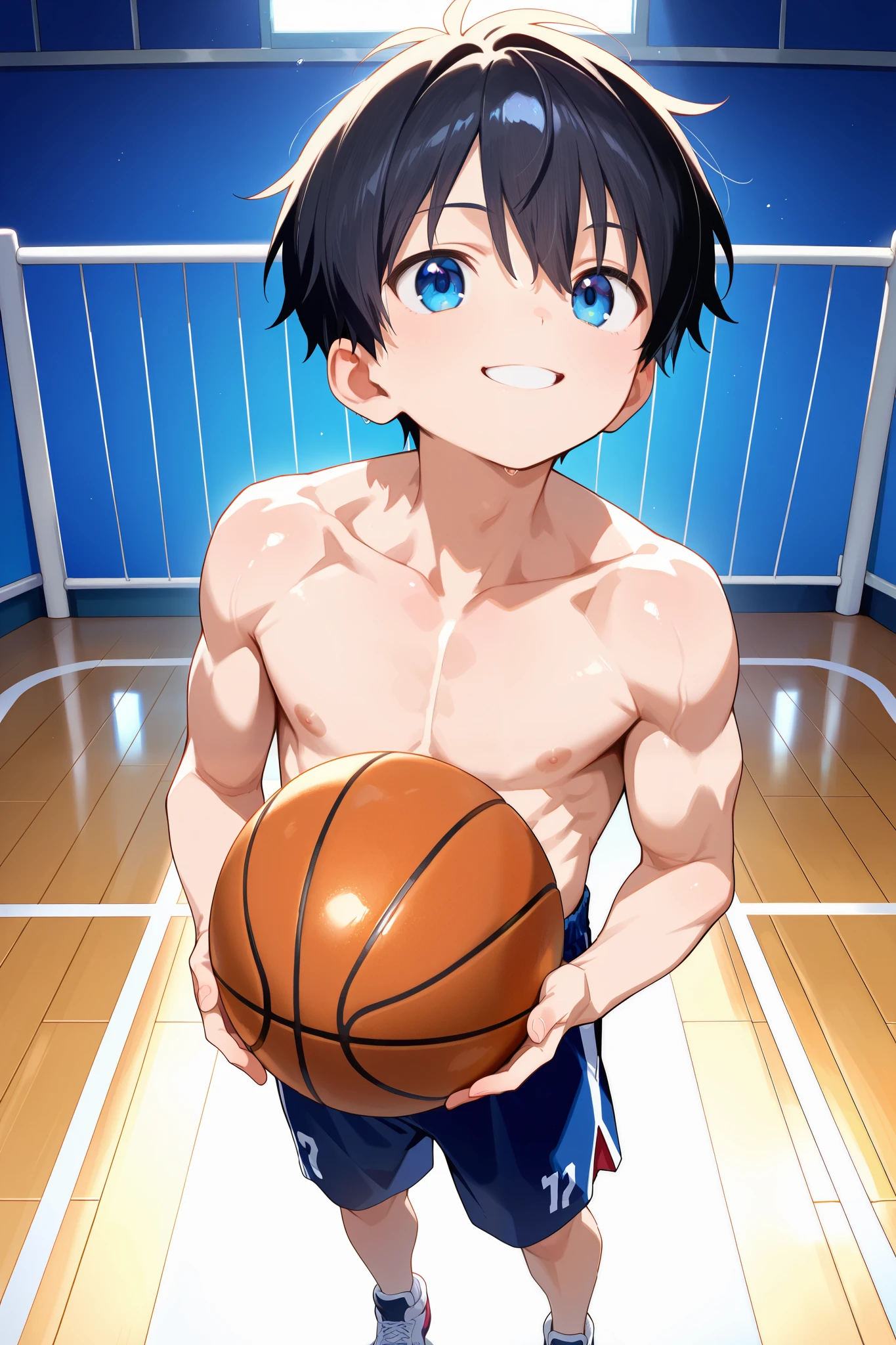 best quality, Ultra High Resolution, anime style, male focus, Basketball match , 一個帥氣高中生的Dumping,  Dumping,  Dynamic Capture ,  is very handsome , Perfect Face , Cute Face , Clear beautiful details Eyes, black short hair,  Shiny Hair  , Detailed skin , perfect hands , Good anatomy, perfect body, Slim body and muscles, clear muscle lines, Dumping高手運動衫, Smile, Soft Light, full body, 8k resolution,