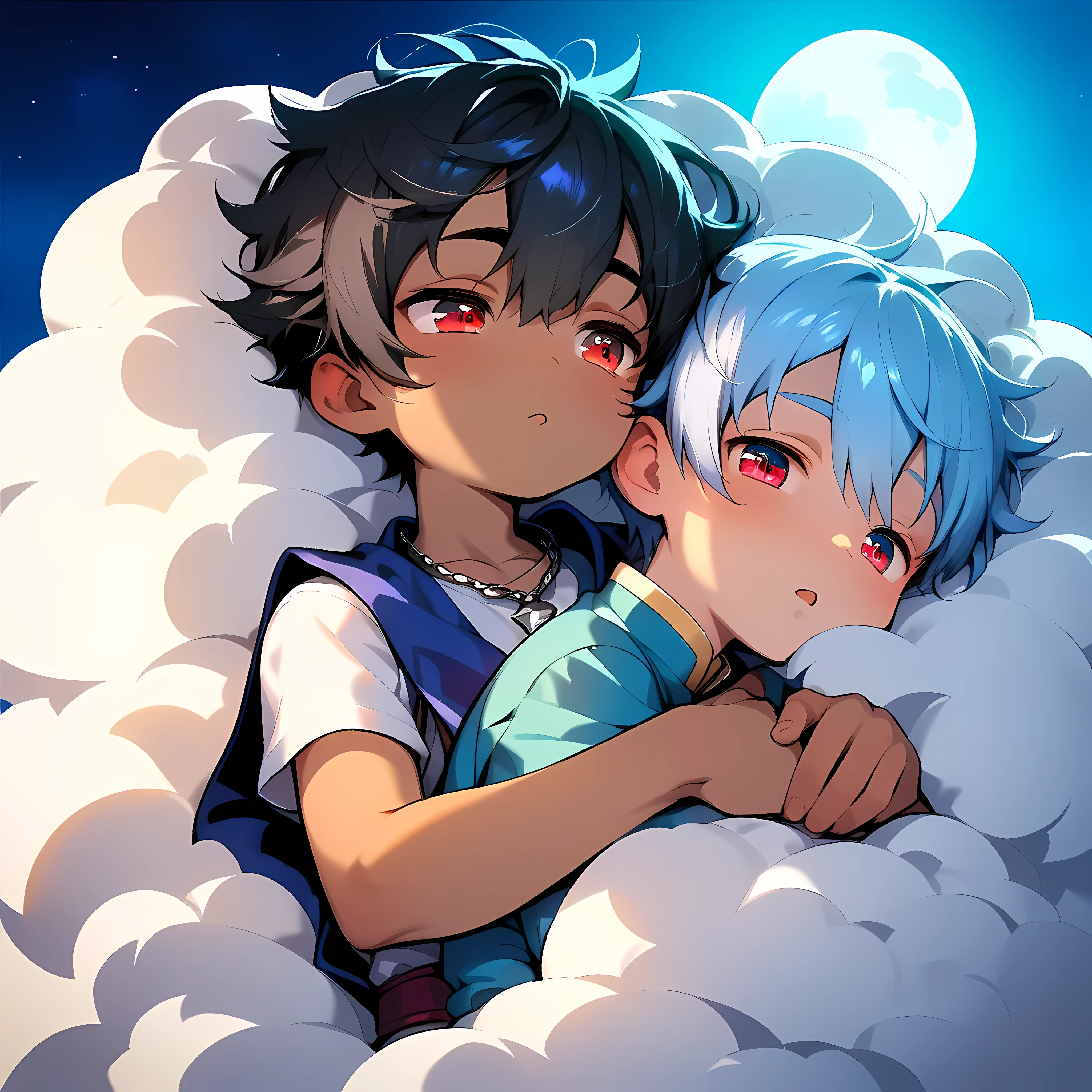 (score_9, score_8_up, score_7_up), (perfect face:1.2), (detailed face:1.3), (detailed eyes:1.3), (shiny eyes), (masterpiece eyes), (detailed hair), (cute face:1.2), (two boys), (shota:1.4), (both boys same tall), (sleeping:1.3), (hugging each other:1.3), BREAK (dark blue tabard:1.3), BREAK (one boy light blue hair and white skin), (another boy black hair and tan skin), (wine red eyes), (half closed eyes), (eyes with highlight:1.2), (relieved), BREAK (on huge cloud), (at night), (night sky), (big moon), (many stars on sky:1.2), (cool torn), (blue lighting), (silver necklace), cinematic lighting, (wind blowing hair:1.2),