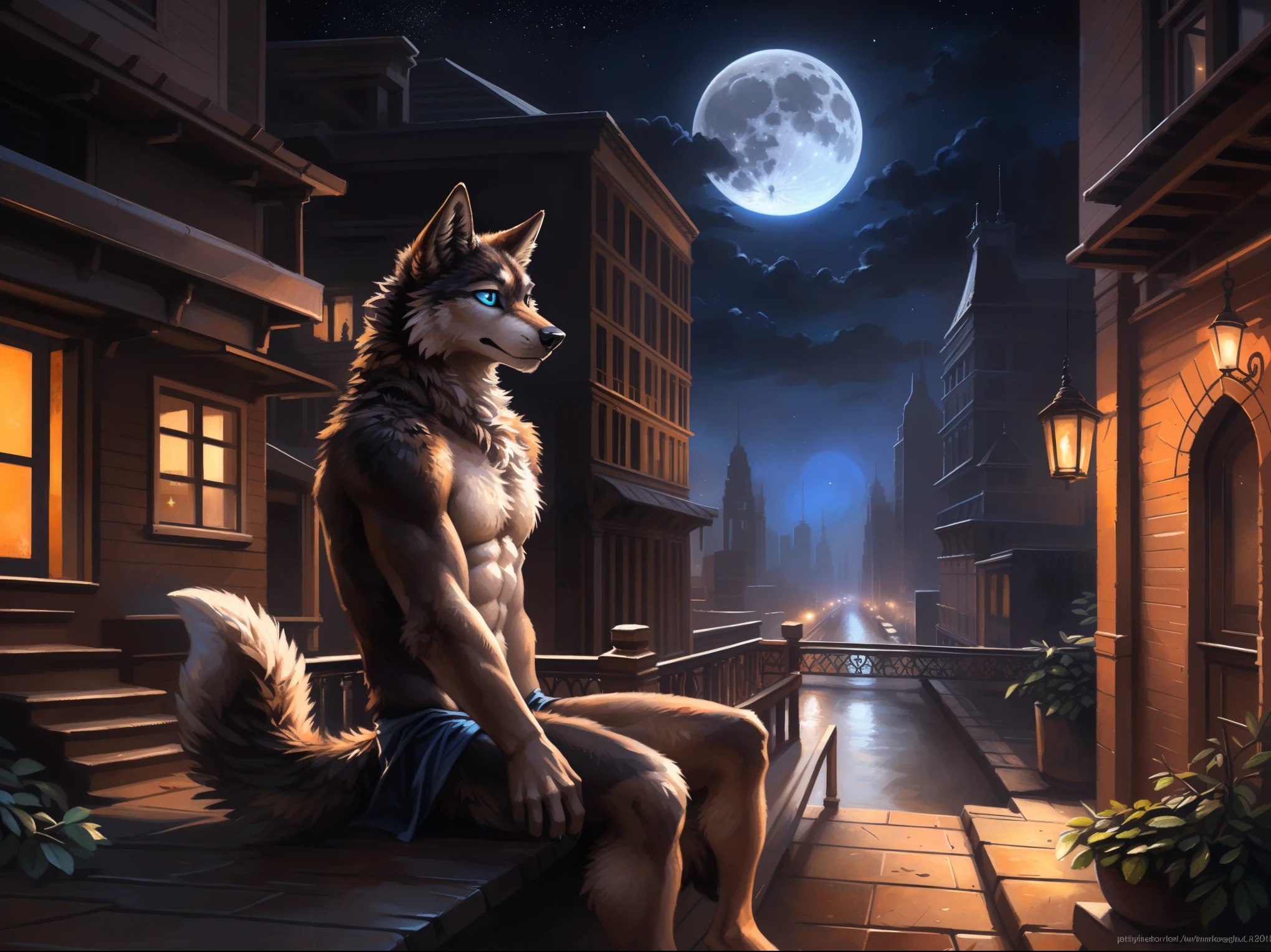 A furry man-wolf abandoned by the side of the road at night, muscular, athletic, with wet skin, sentimental, detailed facial features, vibrant colors, anime style, realistic, 8k, hyper-detailed, masterpiece, with scars and features. Bright-eyed and good-looking, tall and handsome, with beautiful hair and a special color. Tearful, unwilling, ragged