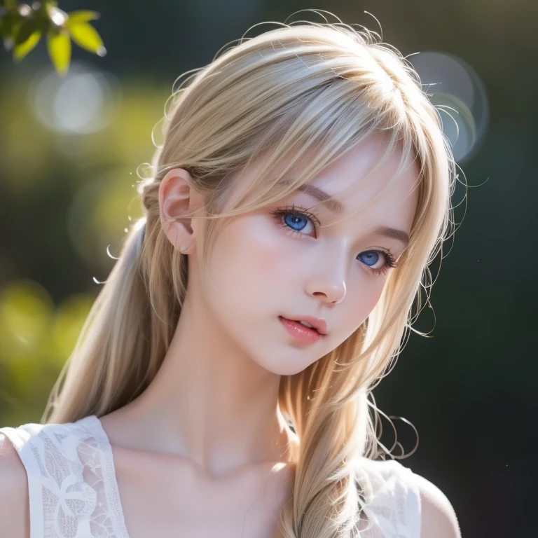 1 girl, medium breasts, blonde hair, long hair, wavy hair, gray eyes, white feathered wings, Angel, outdoors, white jacket, choker, Tank top, jeans