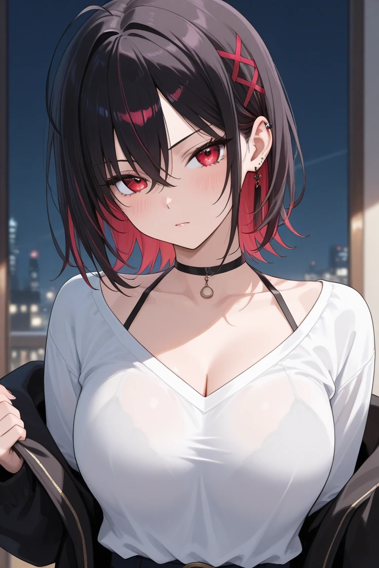 a girl with black short hair, red eyes, and a shaggy coat, high-res portrait, realistic, vibrant colors, soft lighting, detailed eyes and face, fashionable outfit, confident expression, bikini