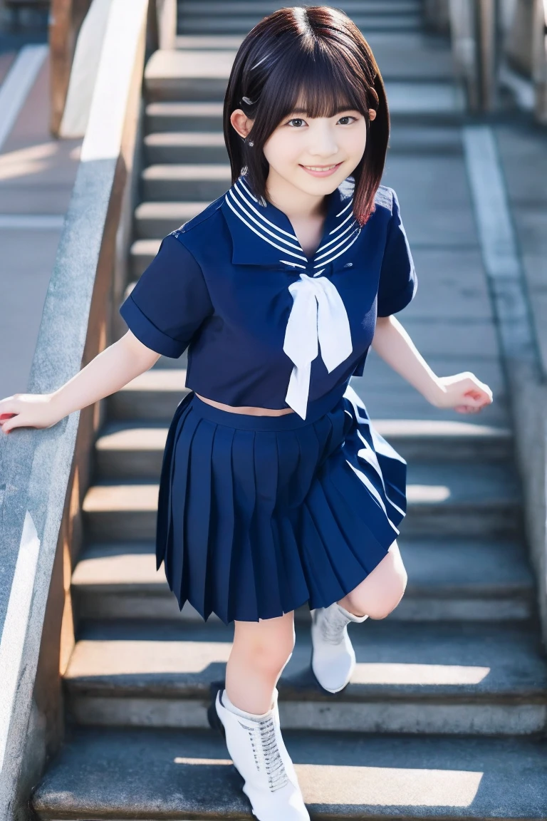 high school girl、uniform、skirt、Knee-high socks、loafers、In town、smile、Brown Bob、One person、whole body、front