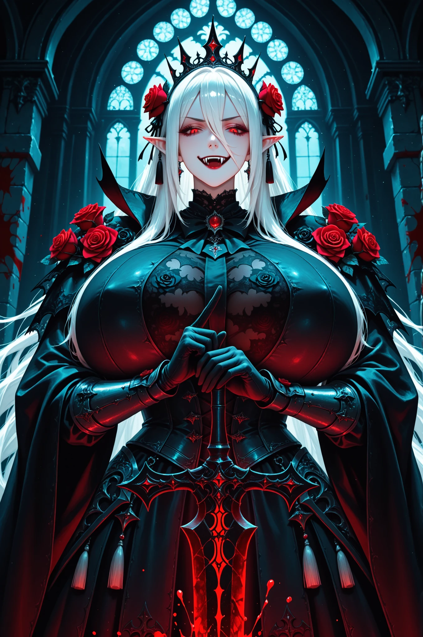 masterpiece,best quality,amazing quality,very aesthetic,absurdres,newest,1girl,bangs,vampire fangs,pointed ears,roses,hair between eyes,hair rose,hair ornament,holding,gigantic breasts,heavy medieval armor,long white hair,long sleeves,looking at viewer, red eyes, black gloves,dark theme,solo,tassel,vampire,royal crown,holding a sword pointing down,looking down,smirk,roses,dark magic sword,blood splatter, Gothic theme