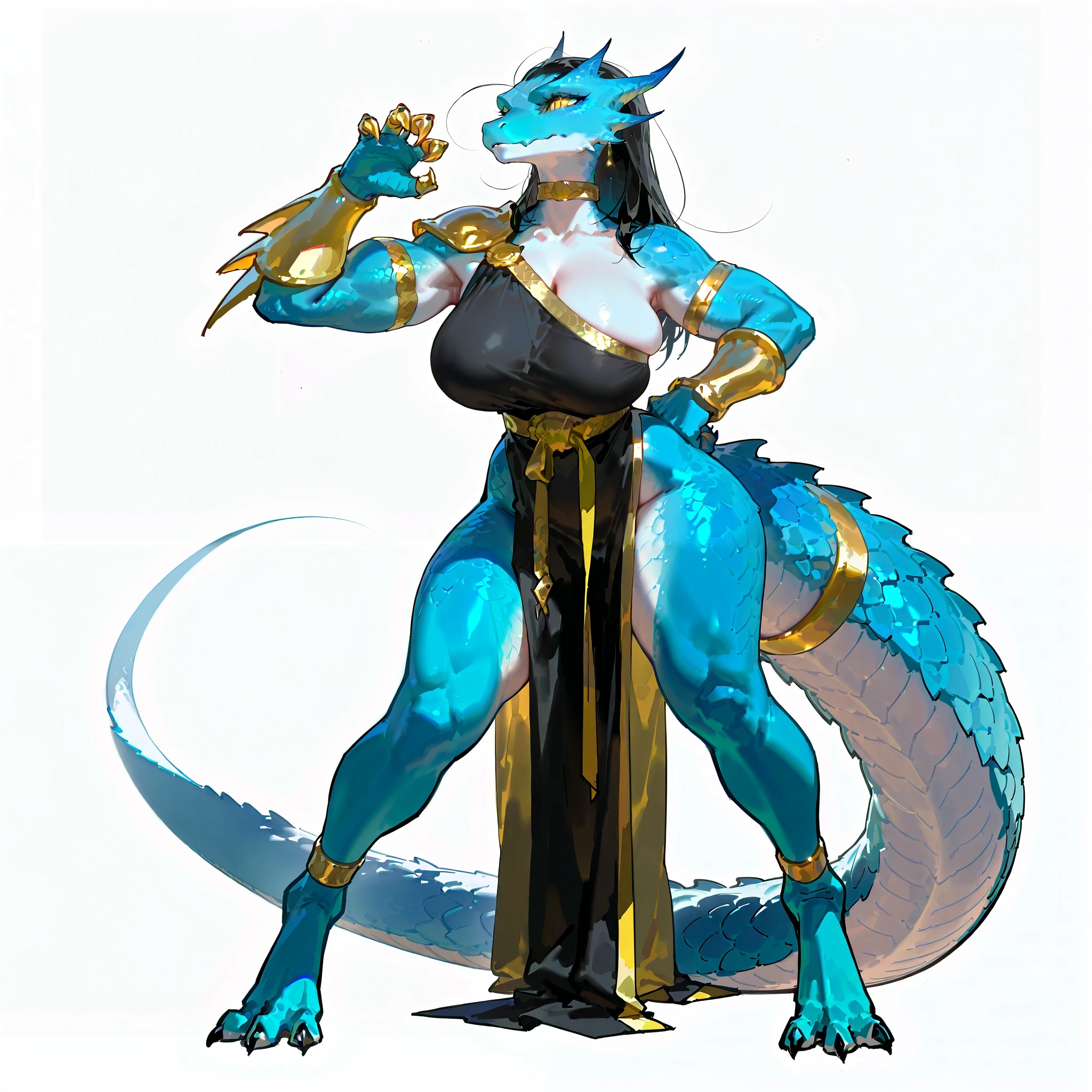 Busty female reptile, Covered with shiny blue scales. golden dragon horn,Wearing a smooth and simple golden sexy bikini robe. . .,Holding a long staff,Posture straight,Full body portrait,Expression smile,Large Breasts,Pure white background,Very Very Intricate Uterus Tattoo,