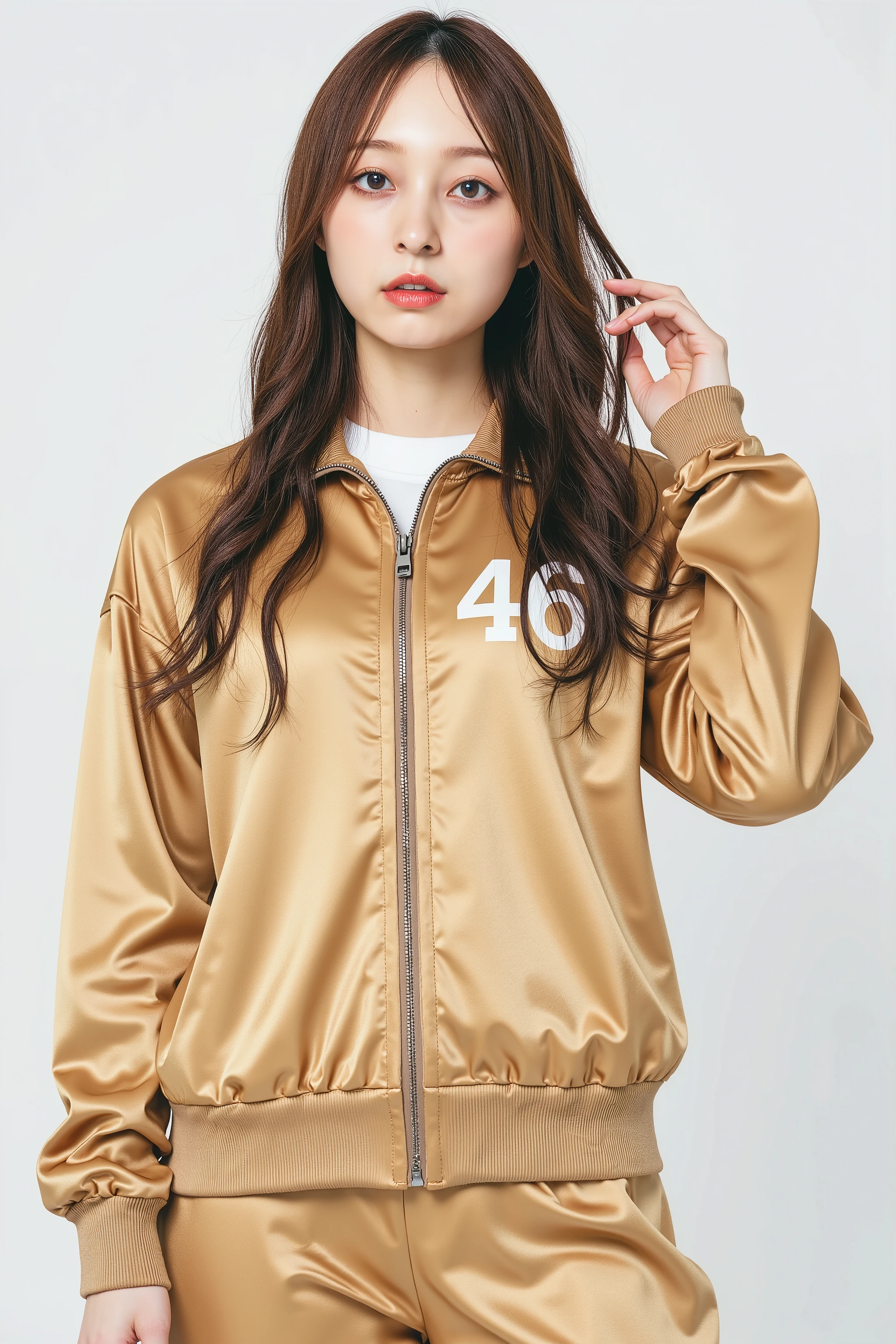 A high resolution portrait photograph of a young Japanese woman standing viewed her whole body from the front. Her hairstyle is long ponytail brown hair. She has a tiny breasts and pale skin. She wears shiny gold tracksuit with white liners and word "46" print on the chest in white font. It depicts detailed hands, detailed fingers and anatomically correct proportion.