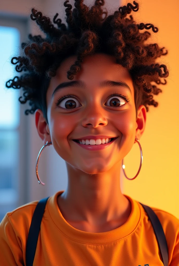 A digital portrait of a cheerful boy with curly hair, wearing a black shirt, happily singing . The character has dark skin and is depicted in a vibrant, cartoon style with a warm and inviting atmosphere. The image captures the essence of joy and energy, focusing on the boy's expressive features and dynamic pose. The artwork should emphasize the playful nature of the character, with attention to detail in the curly hair, lively expression, and the overall concept of a happy and carefree moment.
