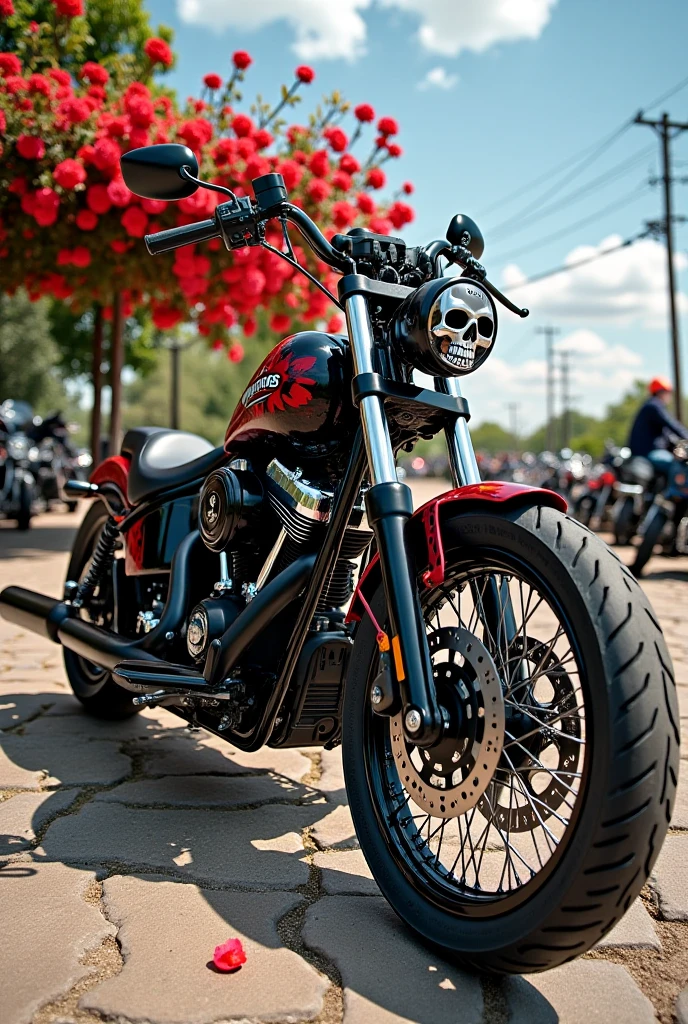 Chopper motorcycle painted black with red flames and a skull