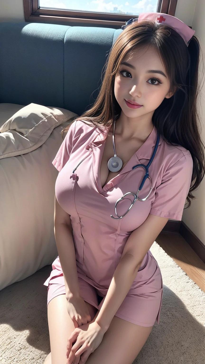 1beautiful young girl, Extremely detailed eyes and face, Realistic, extremely detailed CG unified wallpapers 8k, very detailled, Raw high-definition color photos, Professional photography, realistic portrait, cinematiclight, Beautiful detailed, Blushing, Ashamed, (beautiful breasts:1.3), (Breast cleavage:1.2), (Realistic skin:1.2), (Best Quality:1.4), super detaill, hiquality, (nurse uniform with a wide open chest:1.5), (mini skirt), (:1.5), Cameltoe Details, ship , sitting, legs open, (view from bottom:1.2),