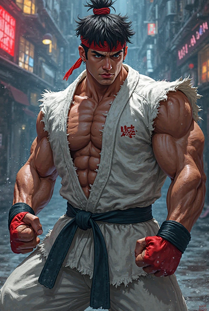 street fighter old man character concept (( super strong )), masterpiece, best quality, ultra-detailed, ground, destroyed city background, shadows, contrast, clear sky, analog style (look at viewer:1.2) (skin texture) (film grain:1.3), ultra-high resolution, octane render, 16k