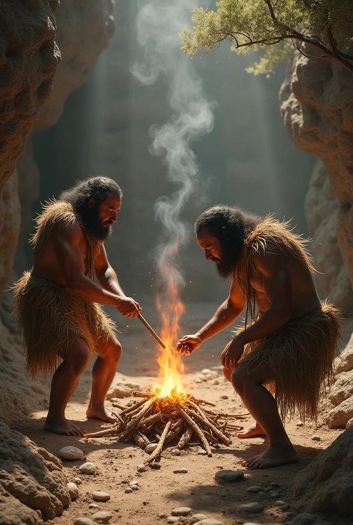 Stone age animated, darked skin and they making fire in the cave illustration, make it Landscape, or Horizontal with just 2 peoples
