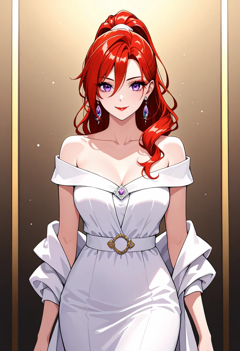 score_9, score_8_up, score_7_up, score_6_up, source_anime, illustration, cowboy shot, ponytail, 1girl, solo, long hair, red hair, earrings, jewelry, looking at viewer, purple eyes, hair between eyes, smile, makeup, lipstick, collarbone, dress, breasts, bare shoulders, off shoulder, white dress, eyelashes,