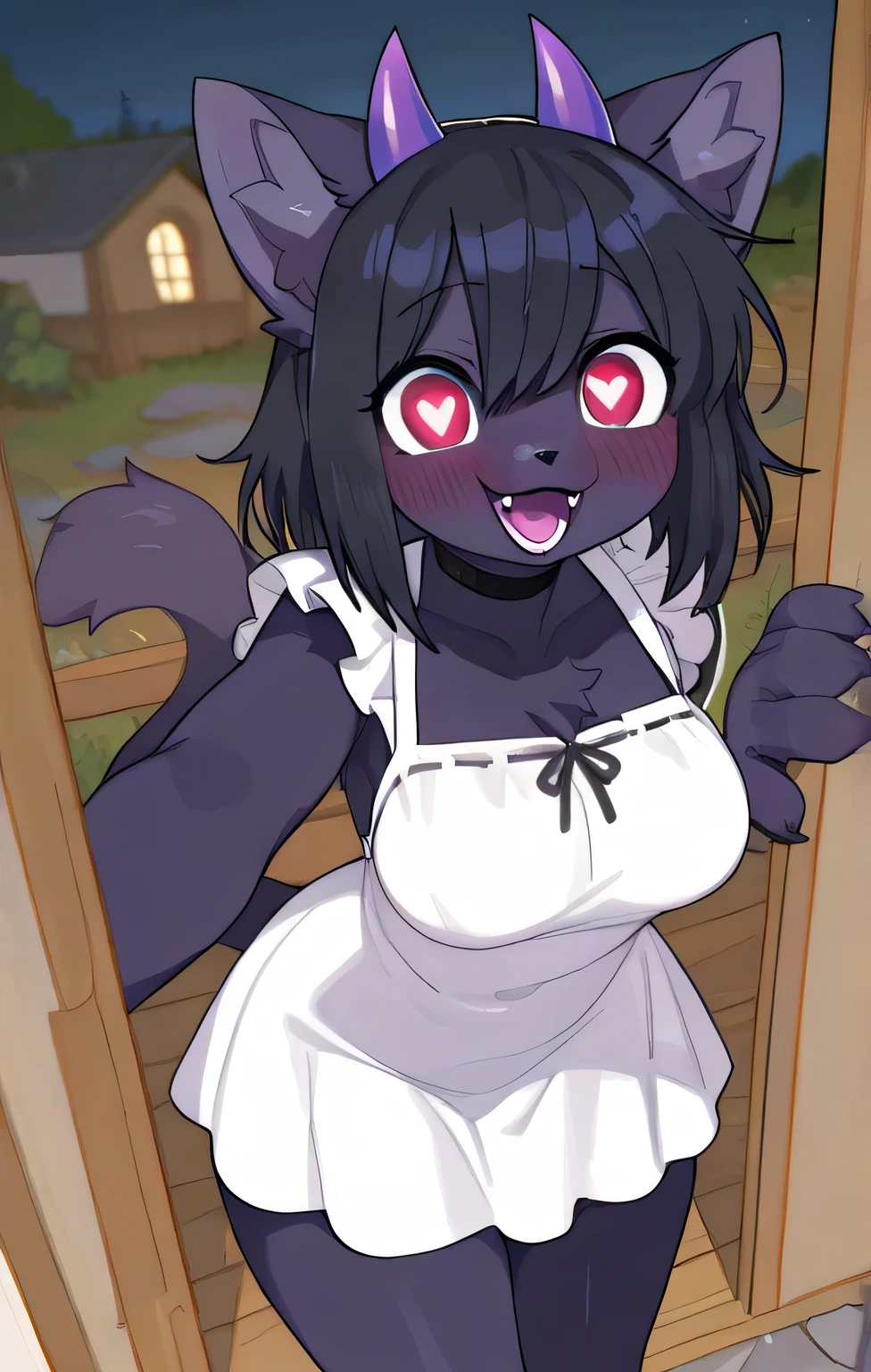 in,  top quality,  masterpiece、 animation anime、 Female Furry 、 The Black Beast、purple yandere、white dress、devil、heart eyes、reaches out to viewers、House at night、