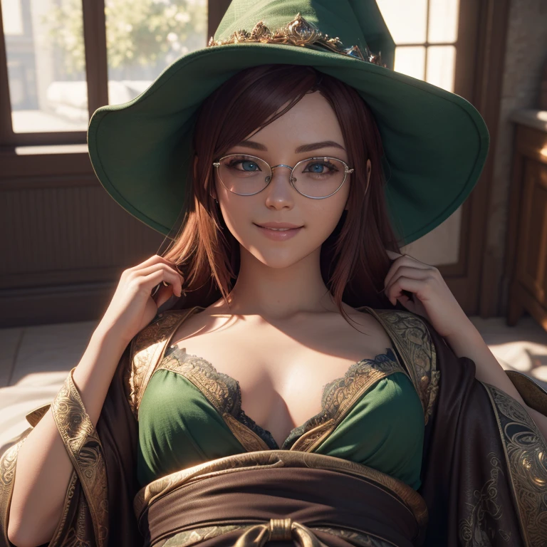 Short, Red hair, green eyes, smile, girl , metal frame glasses, in a green and blue dress with a cape, looks at me with his chest turned towards me, Portrait of the character Ian Jay, pixiv, fantasy art, extremely detailed Artgerm, style Artgerm, Artgerm lau, style of Artgerm, in style of Artgerm, Artgerm. high detail, black-haired magician, Artgerm. Anime illustrations. (masterpiece, top quality, Best quality, official art, beautiful and aesthetically pleasing:1.2), extremely detailed,(fractal art:1.2),colorful,The most detailed, (Many colors:1.4). ((split. skin texture, Shiny skin. elegance. photorealism. unreal engine. 3D model. Ultra high quality textures. high detail. permission 8k))