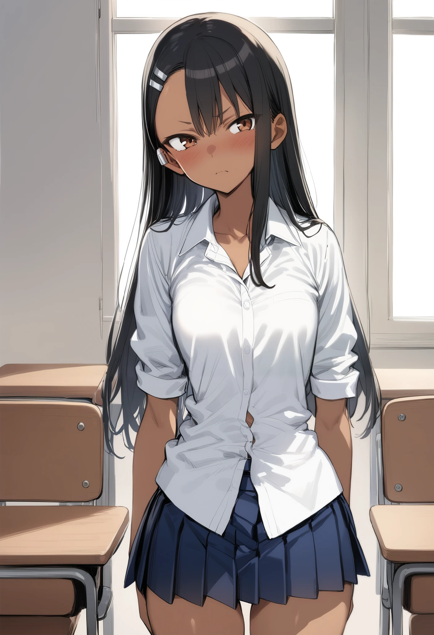 1 girl, solo,
Nagatoro _hayase, brown eyes, black hair, long hair, Black Skin, Brown Skinned Woman, sunburn, sunburnlines, hair clip, school uniform, white shirt, collar shirt, pleated skirt,cowboy shot, serious expression,Niouji in the classroom, top quality, masterpiece,