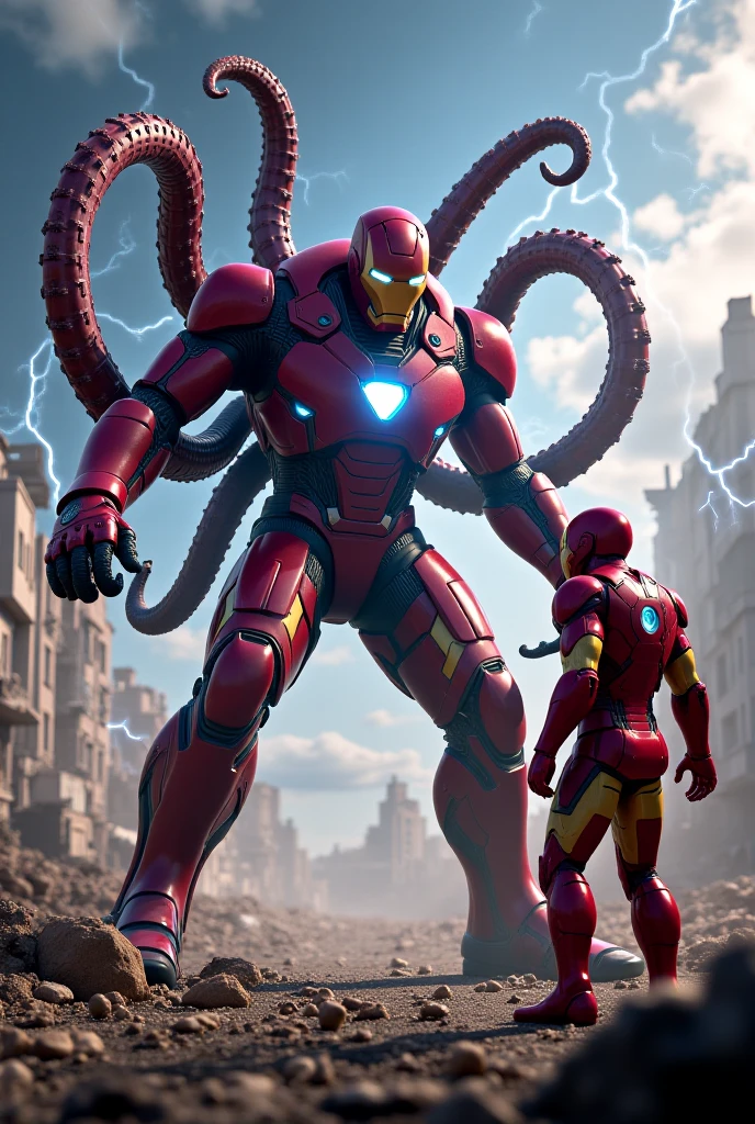 RDJ in Dr doom version fight with iron man
Back ground has all Avengers and win iron man Dr doom is very bigger than all Avengers spider man is same size of Dr doom . spider man is there .
Spider man as Dr doom version